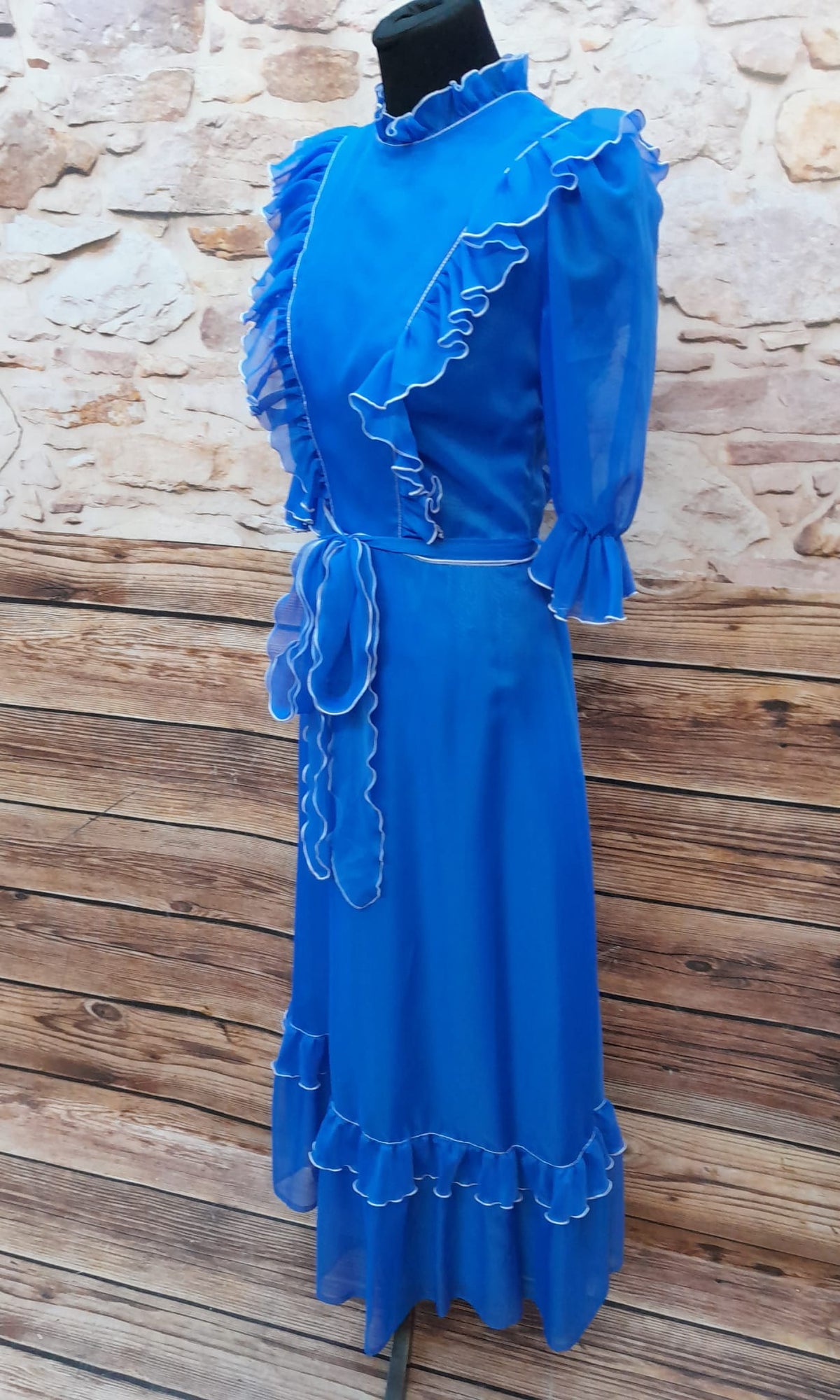 Vintage Rüschenkleid lang, blau Gr.34/36