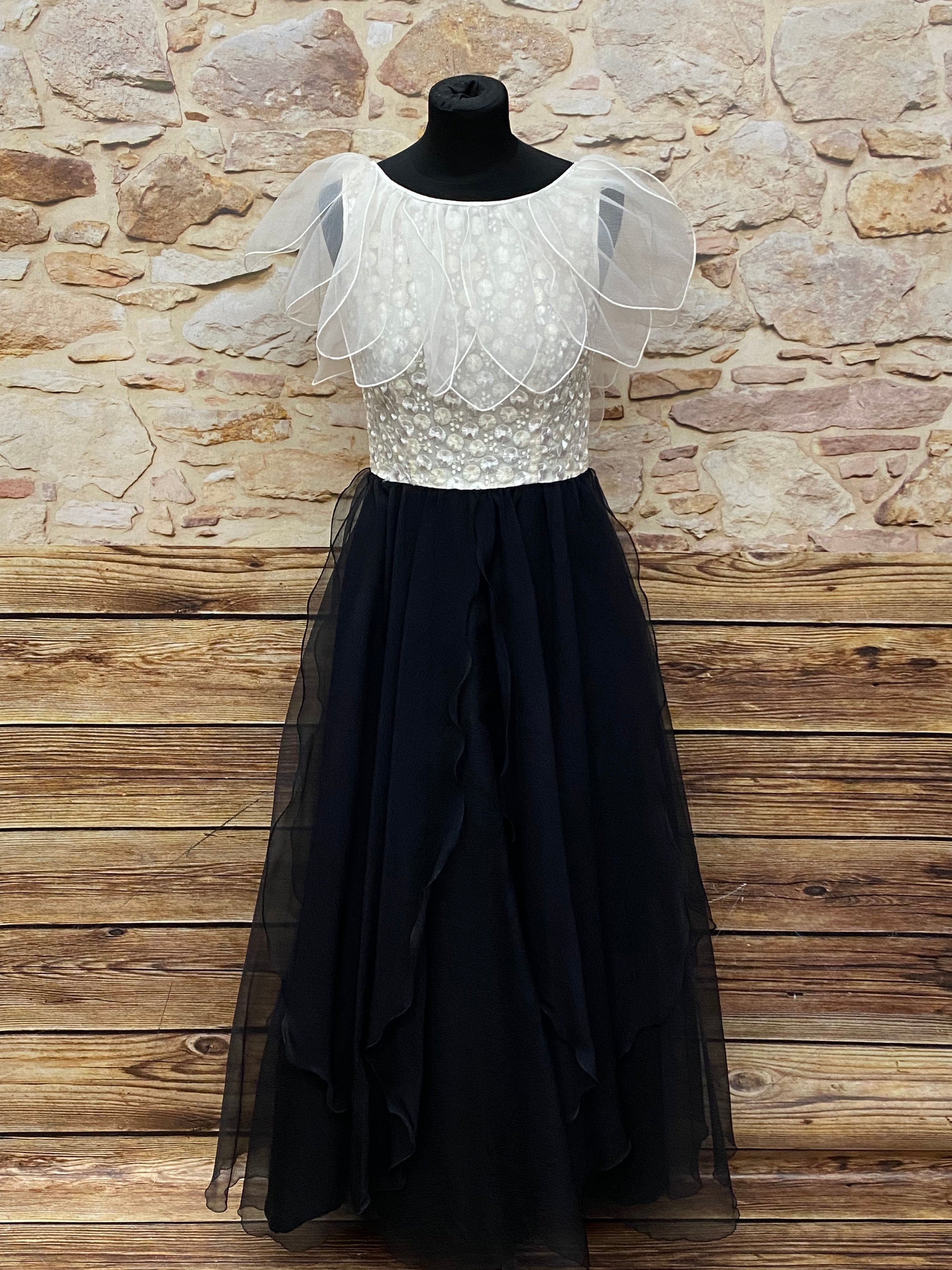 Vintage Kleid Elfe Fee Maxikleid schwarz/weiß Kostüm Gr.36, original
