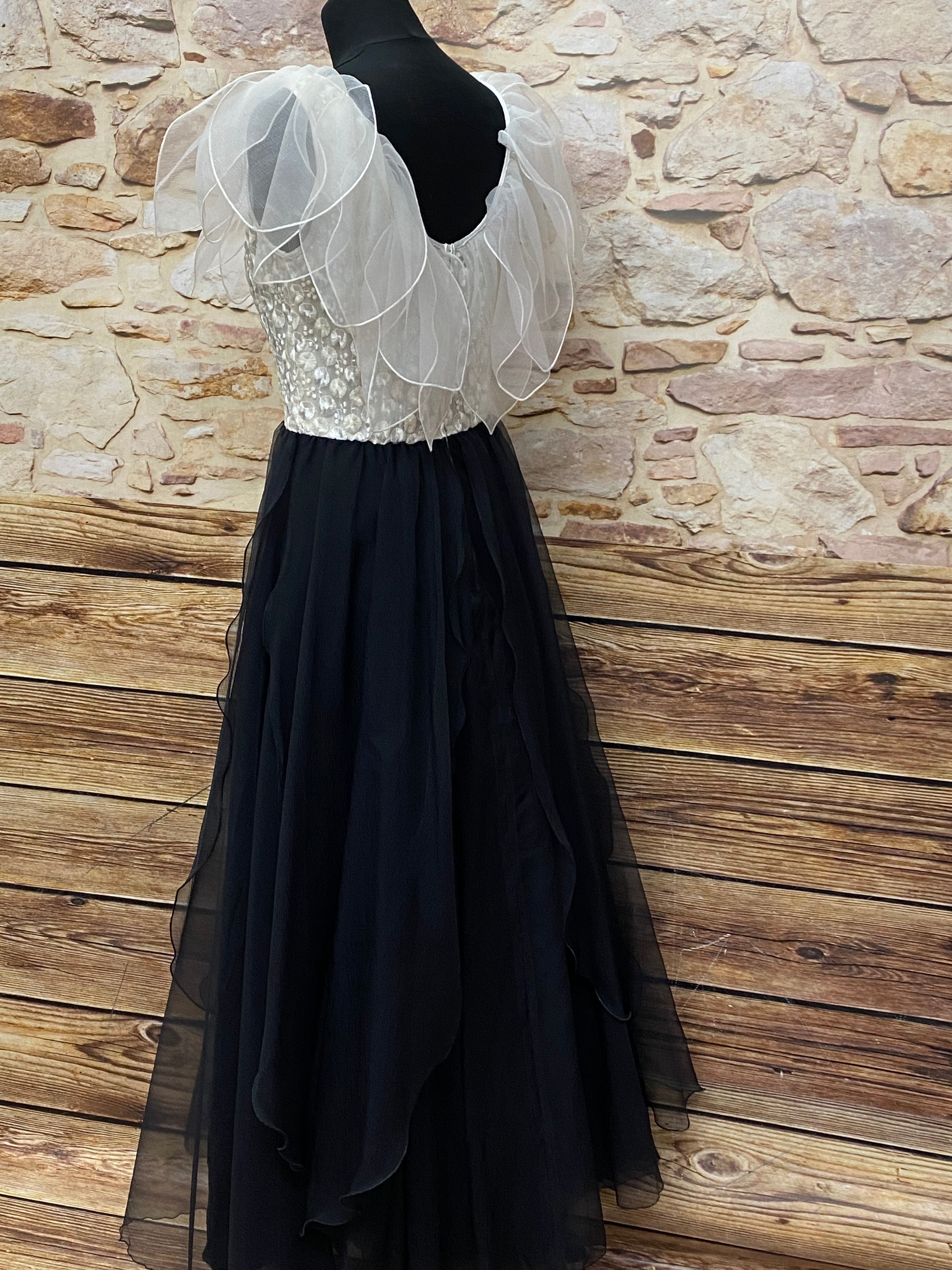 Vintage Kleid Elfe Fee Maxikleid schwarz/weiß Kostüm Gr.36, original