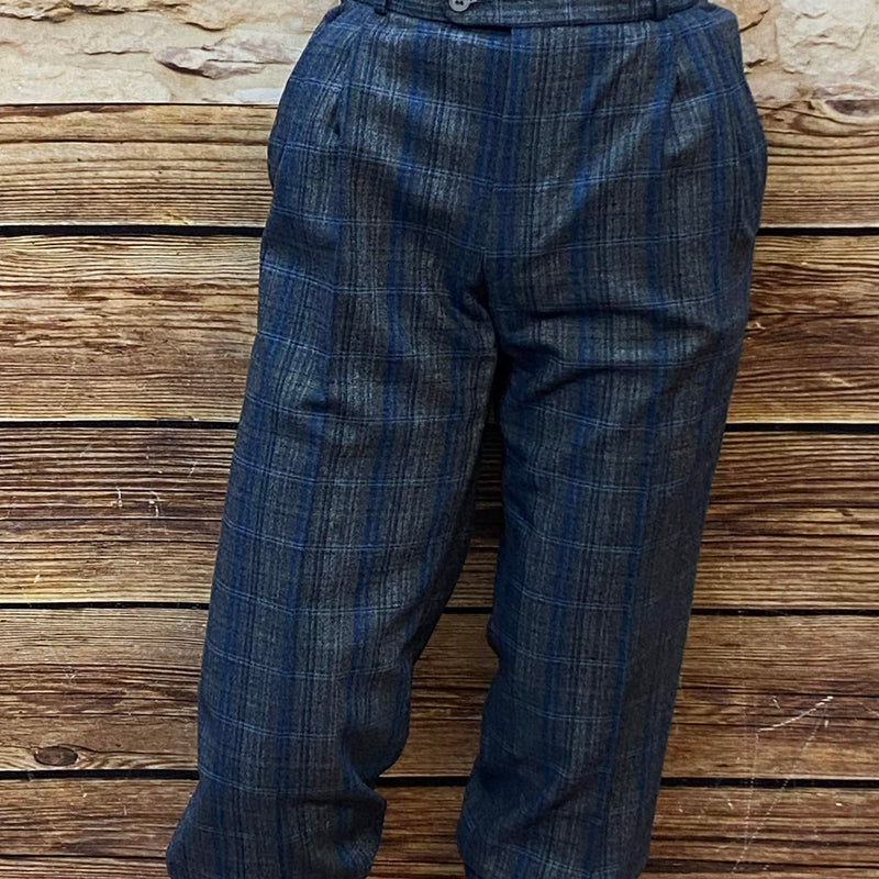 Vintage Knickerbocker Herrenhose Größe 46, Bundweite 80 cm, blau-grau kariert, Woll-Mix, ungetragen im 20er Jahre Stil, Bundfalten und verkürztes Bein.