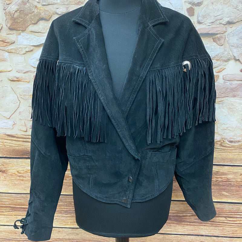 Schwarze Lederjacke mit Fransen, Vintage, Damen Gr.M