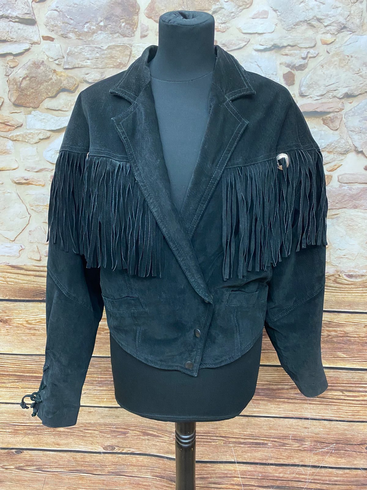 Schwarze Lederjacke mit Fransen, Vintage, Damen Gr.M