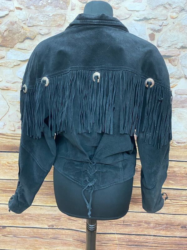 Wildleder Fransenjacke, Vintage für Damen in der Farbe Schwarz