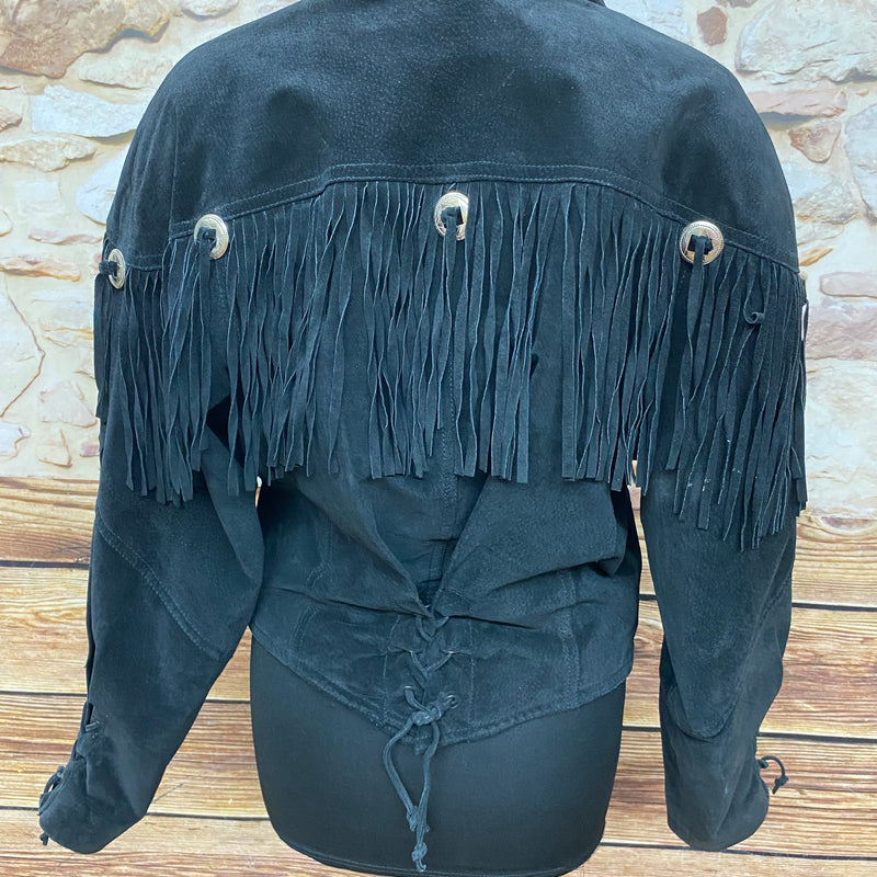 Wildleder Fransenjacke, Vintage für Damen in der Farbe Schwarz