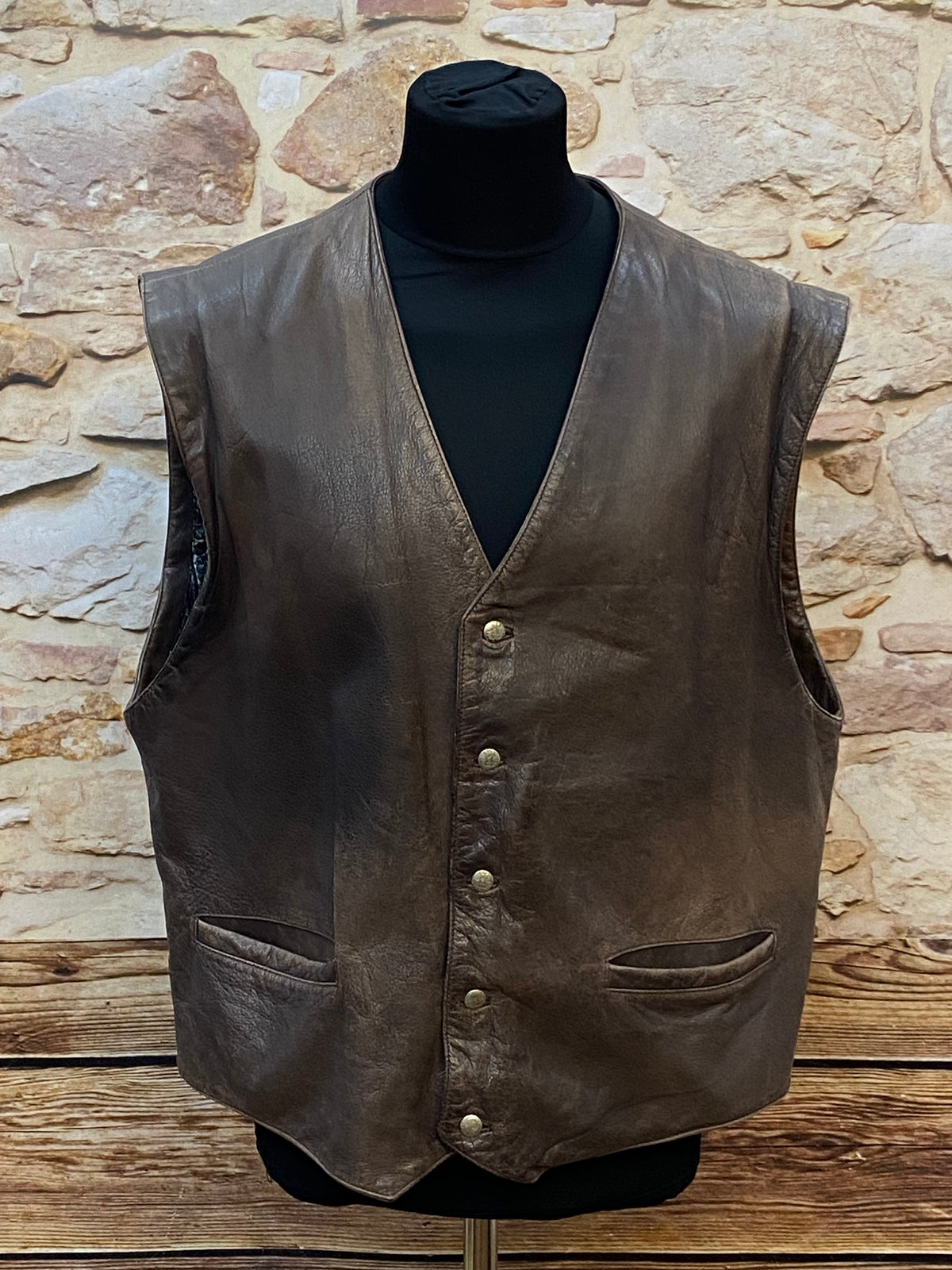 Gilet en cuir vintage de haute qualité avec doublure cachemire taille 60 marron foncé 