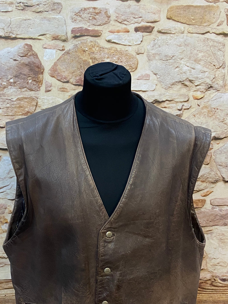 Gilet en cuir vintage de haute qualité avec doublure cachemire taille 60 marron foncé 