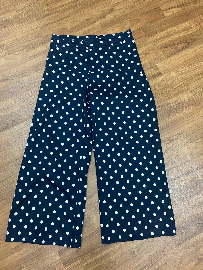 Pantalon en tissu vintage pour femme taille 42, bleu et blanc à pois