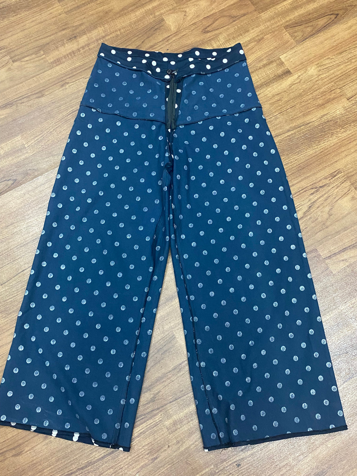 Pantalon en tissu vintage pour femme taille 42, bleu et blanc à pois