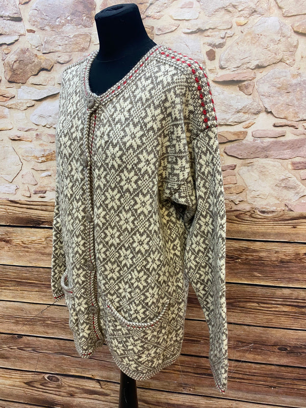 Vintage Norweger-Strickjacke mit traditionellem Muster – Größe M