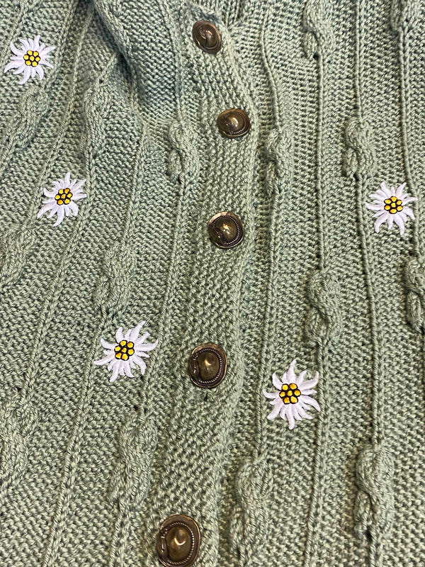 Vintage Strickjacke in Hellgrün mit Edelweiß-Stickerei – Größe 50