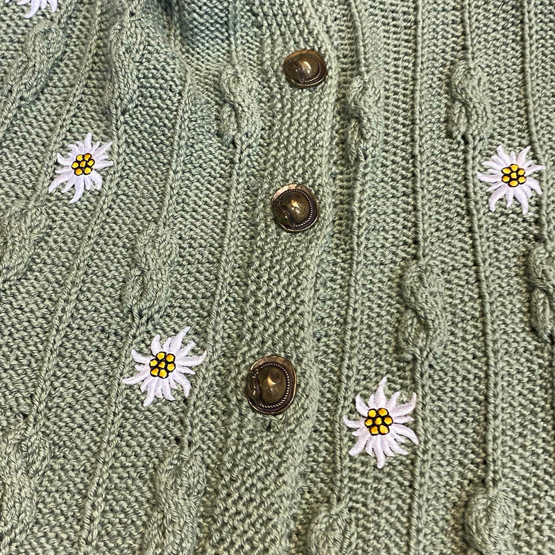 Vintage Strickjacke in Hellgrün mit Edelweiß-Stickerei – Größe 50