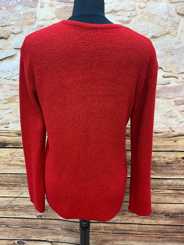 Vintage Strickjacke in leuchtendem Rot mit Blumendetails – Größe M