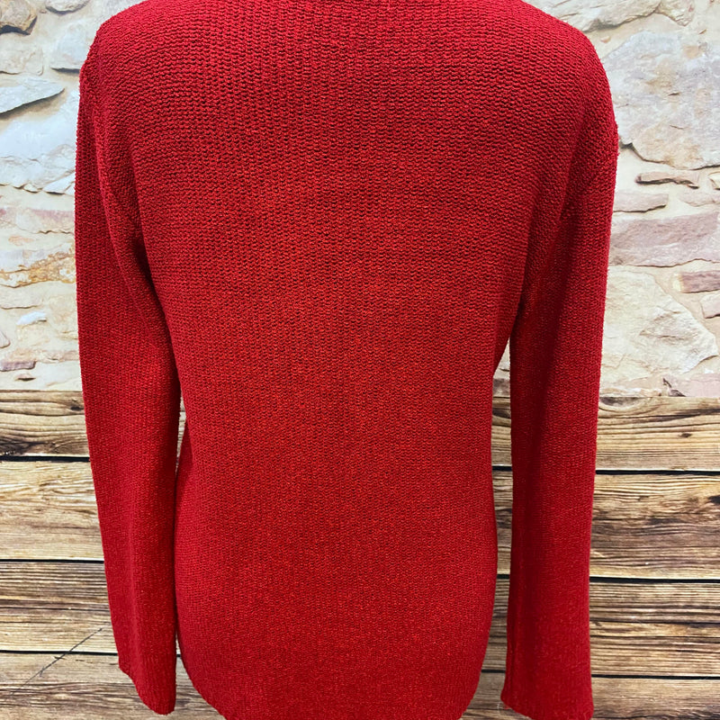 Vintage Strickjacke in leuchtendem Rot mit Blumendetails – Größe M