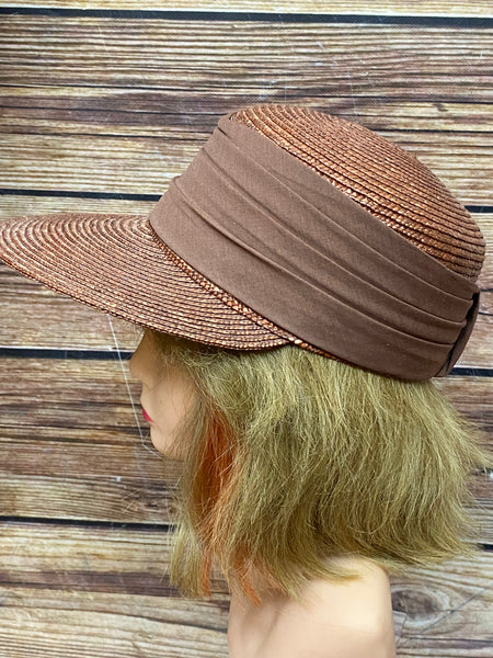 Brauner Vintage Strohut für Damen mit großem Schirm, Gr.57