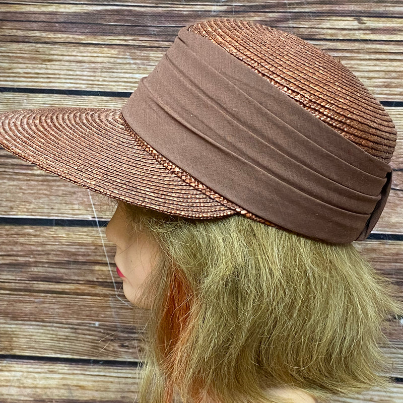 Brauner Vintage Strohut für Damen mit großem Schirm, Gr.57