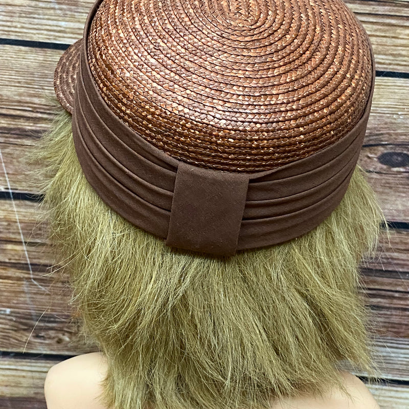 Brauner Vintage Strohut für Damen mit großem Schirm, Gr.57