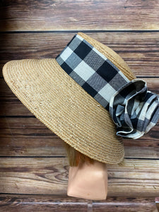 Vintage Strohhut Damenhut Sonnenhut Sommer-Hut mit groß kariertes Stoffband