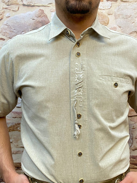 Trachtenhemd Gr.M Vintage Kurzarm Stickerei, beige