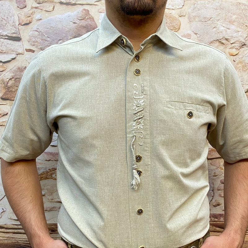 Trachtenhemd Gr.M Vintage Kurzarm Stickerei, beige