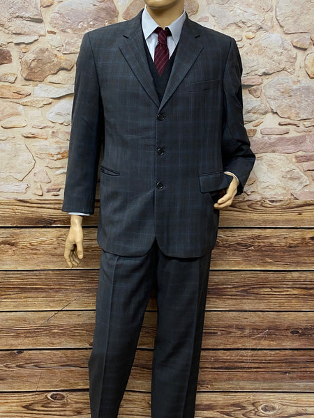 „Karierter grauer Herren Vintage-Anzug, 20er Jahre Stil, Gr.50, Hose, Sakko, Weste, Hemd und Strickkrawatte