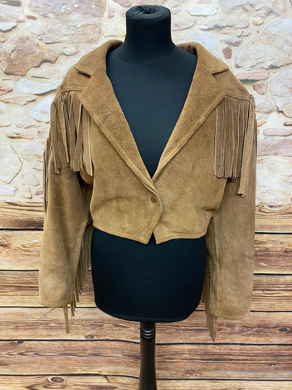 Kurze Vintage Wildlederjacke mit Fransen Damen, Gr. 36 in braun
