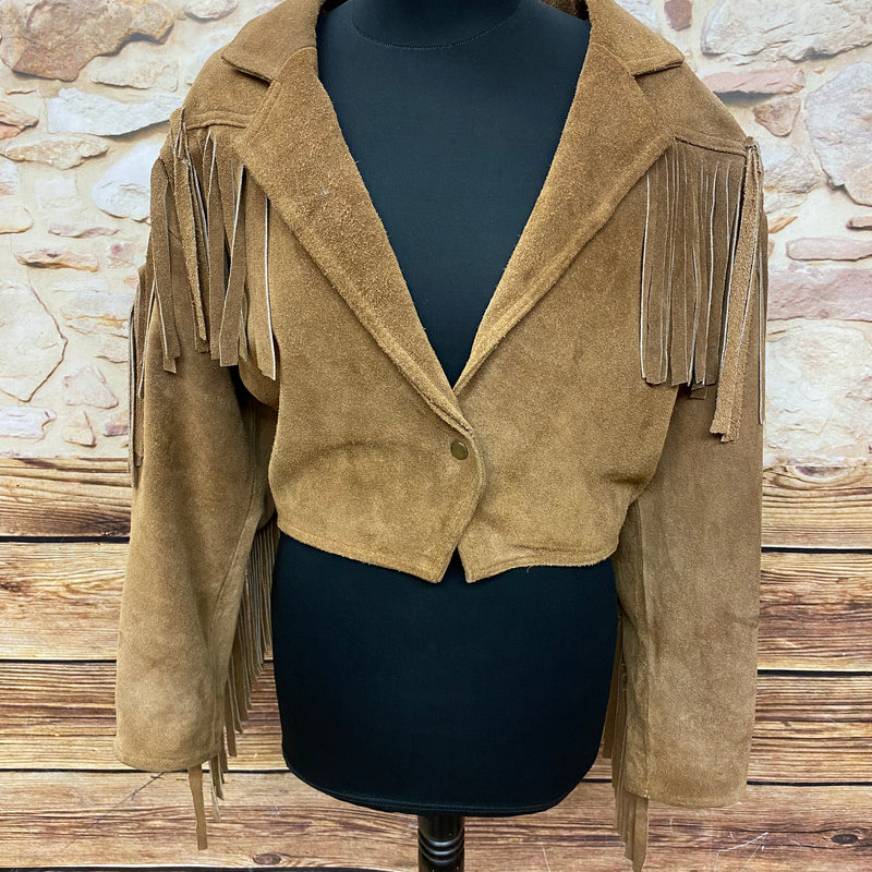 Kurze Vintage Wildlederjacke mit Fransen Damen, Gr. 36 in braun