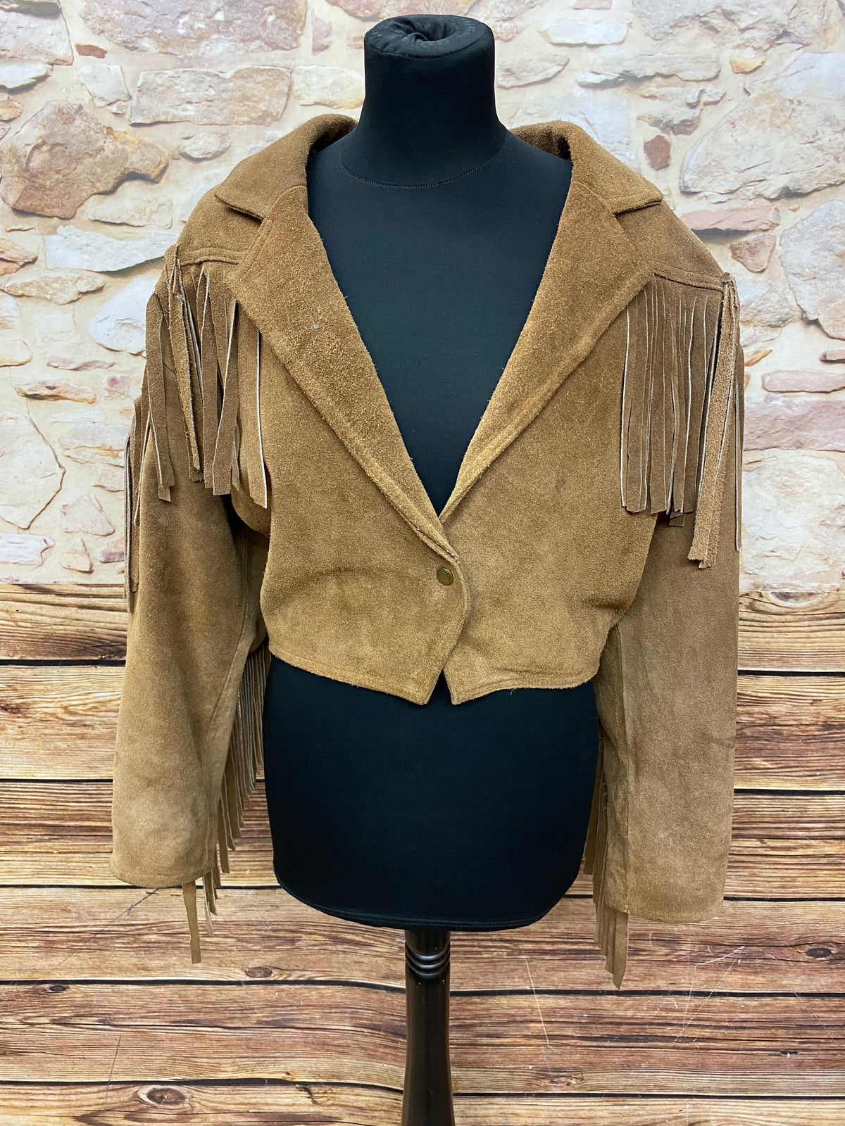 Veste courte vintage en daim à franges pour femme, taille. 36 en marron