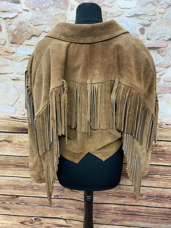 Kurze Vintage Wildlederjacke mit Fransen Damen, Gr. 36 in braun