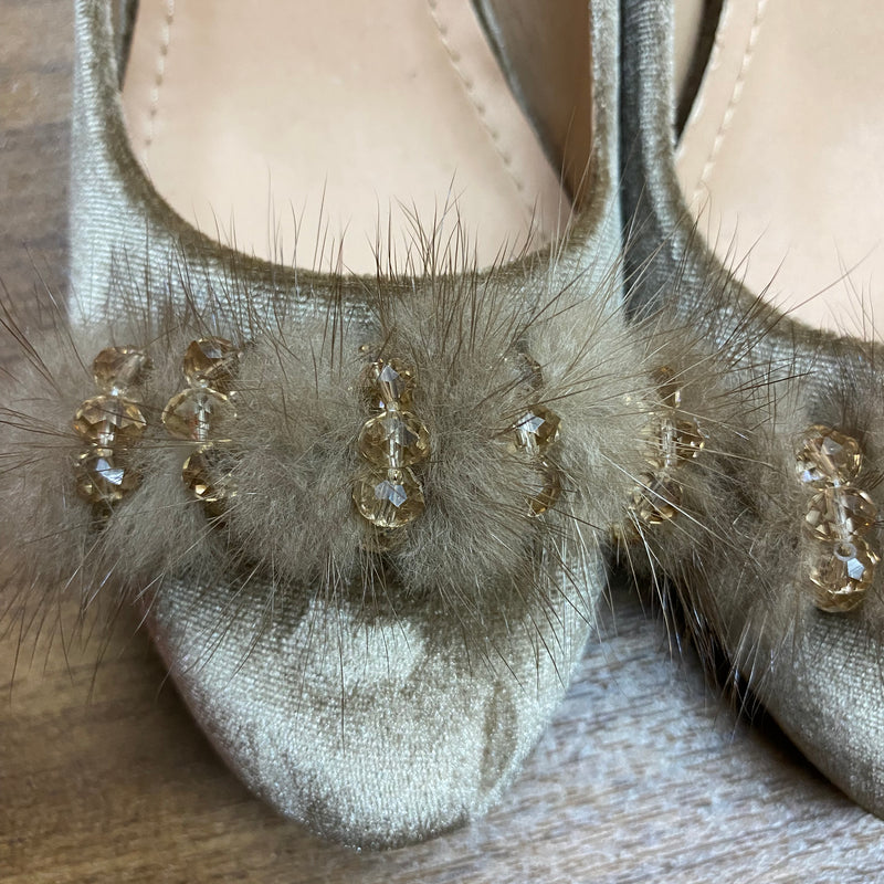 Vintage Damen Schuh mit Fell-Puschel, Pumps Gr.39 in beige