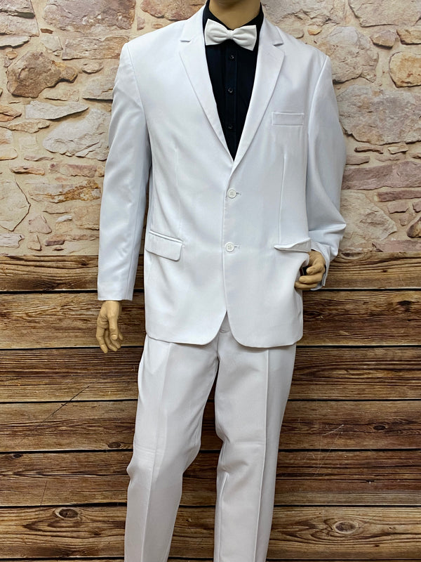 „Eleganter weißer Herrenanzug Vintage mit passender Hose schwarzem Hemd und Fliege“
