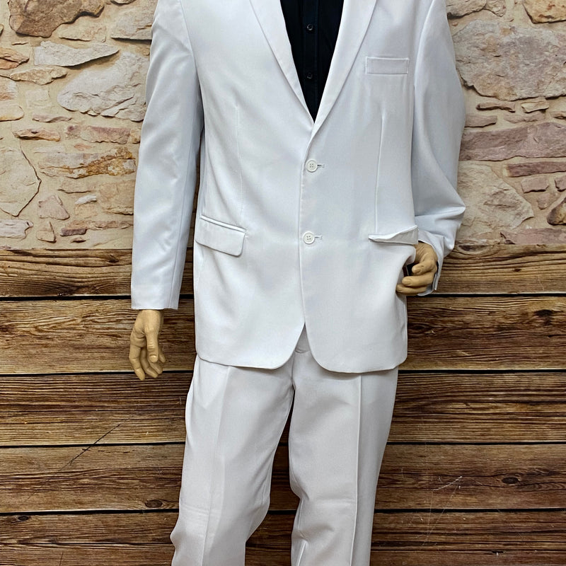 „Eleganter weißer Herrenanzug Vintage mit passender Hose schwarzem Hemd und Fliege“