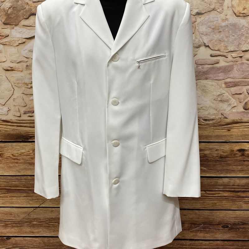 Weißes Longjackett Woolpacker Casual Collection, Größe 50, Vorderansicht auf Büste.