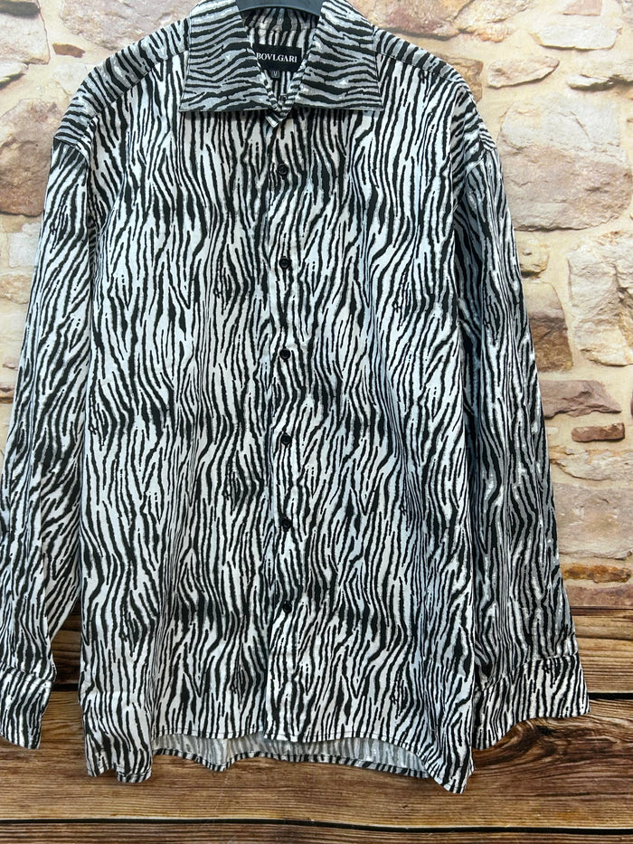 Vintage Zebrahemd BOVLGARI schwarz weiß grau Gr.M – 90s Y2K Clubshirt.
