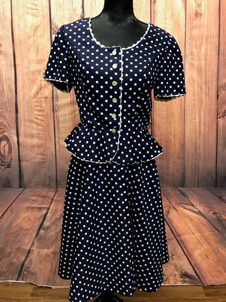 Vintage 50er Jahre Kleid Schößchen Kostüm mit Rock und Oberteil in dunkelblau mit Polka Dots Gr.36