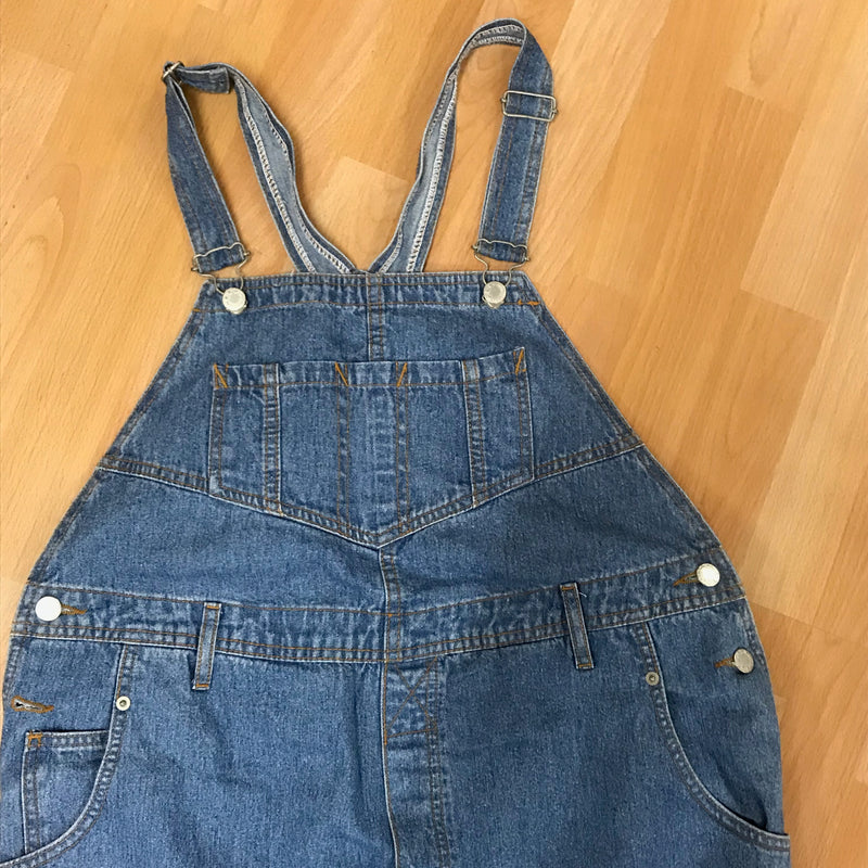 „70er Vintage Latzhose Damen blau aus Denim mit verstellbaren Trägern“