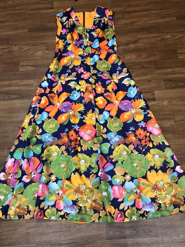 Original 70er Jahre Maxikleid Gr.40 Vintage mit großen bunten Blumenmuster 