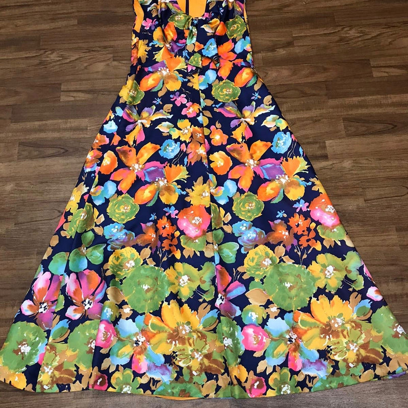 Original 70er Jahre Maxikleid Gr.40 Vintage mit großen bunten Blumenmuster 