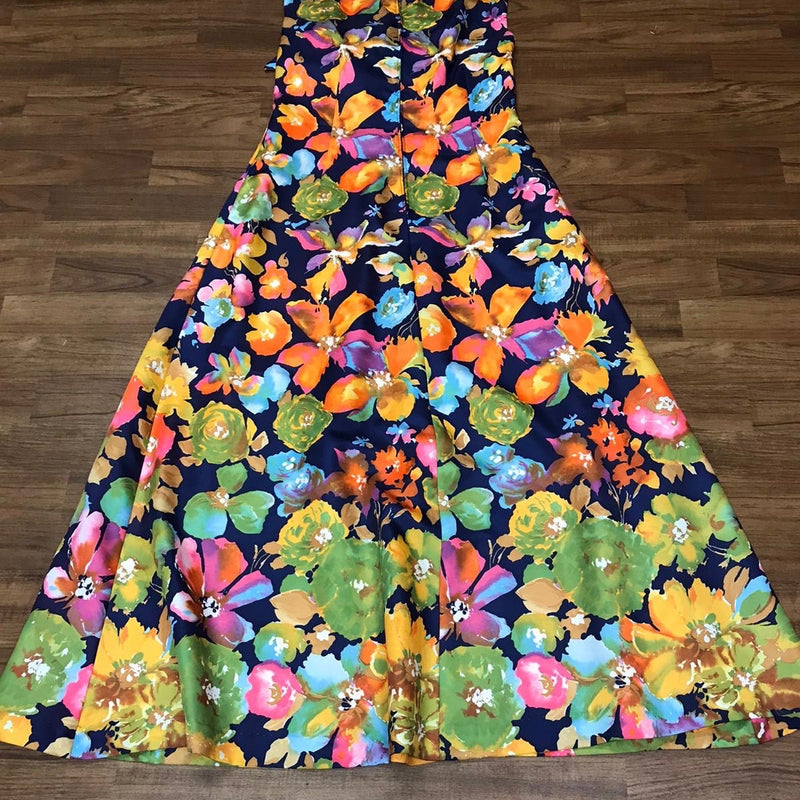 70er Jahre Maxikleid Gr.40 Vintage mit großen bunten Blumenmuster