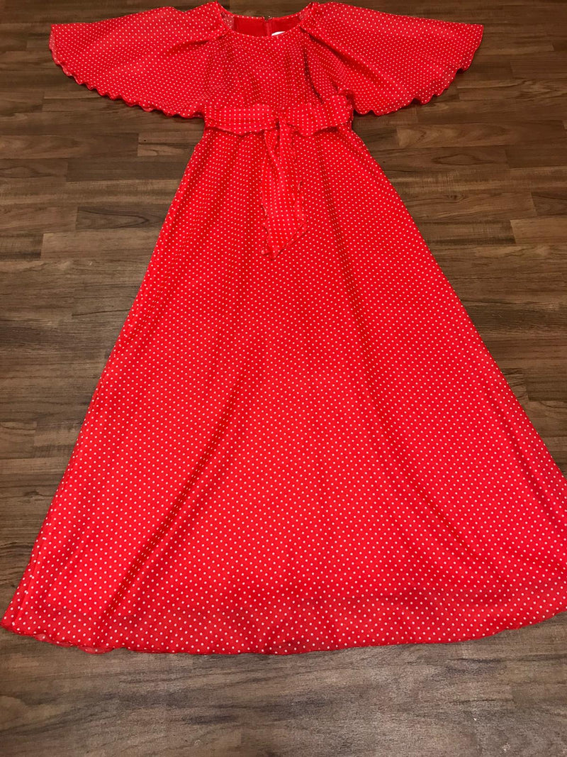 Robe longue longue vintage années 70 taille 36 en rouge à pois blancs 