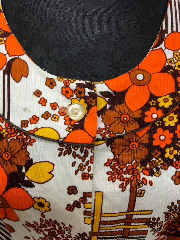Vintage Kleid – 70er Jahre, Gr. 42, Orange-Braun geblümt (SALE)