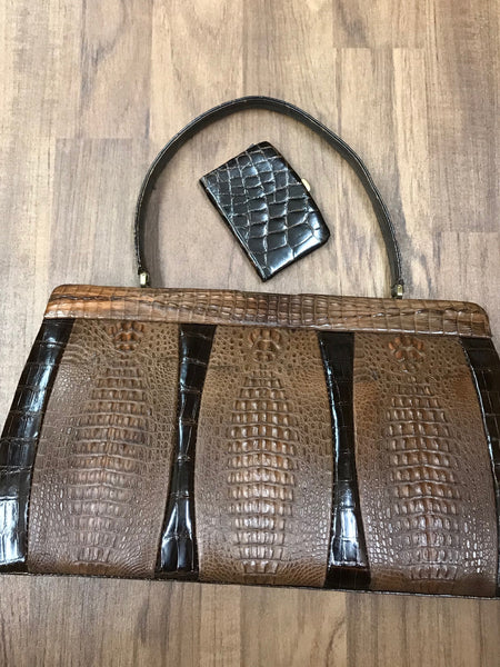 Braune Krokodilleder Handtasche mit Geldbörse, Vintage
