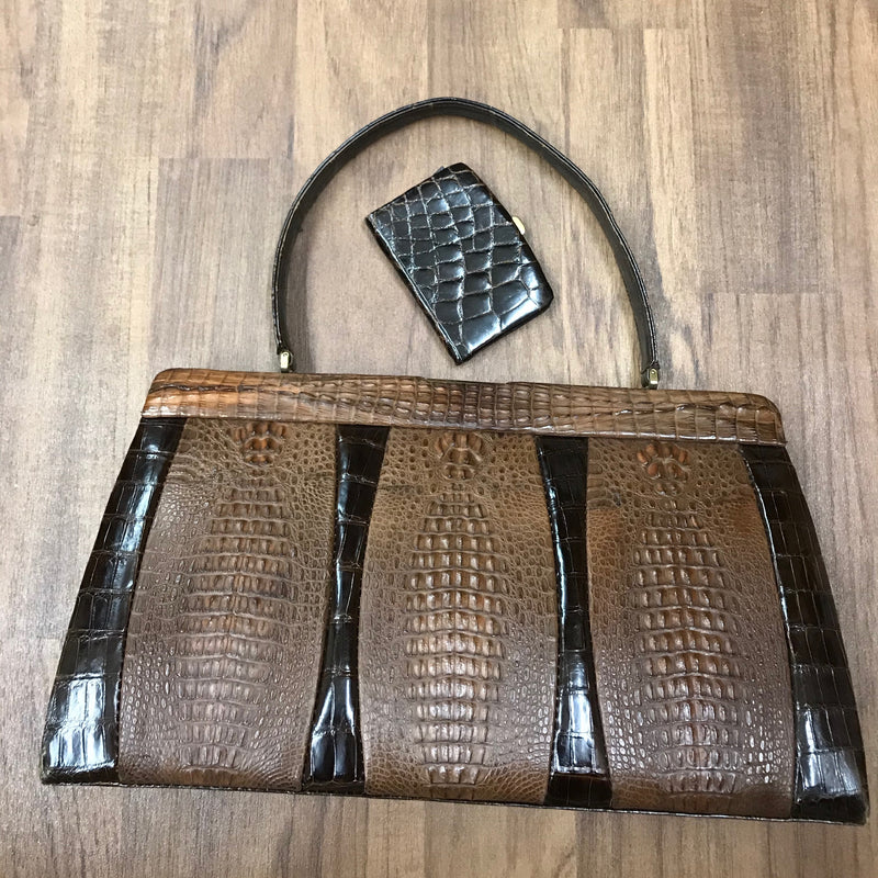 Braune Krokodilleder Handtasche mit Geldbörse, Vintage
