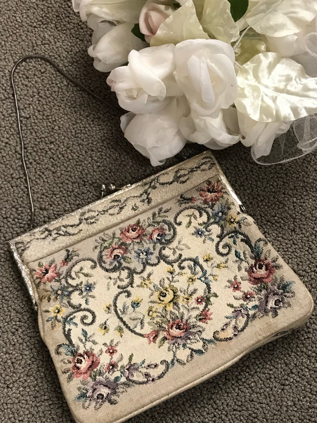 Antike Vintage Gobelin Handtasche, Florales Design