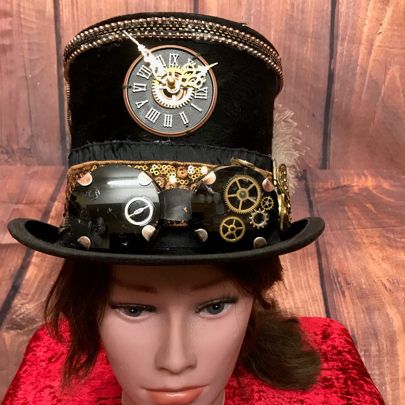Antiker schwarzer Steampunk Zyliner Hut aus Maulwurfsfell Gr.56  hochwertig handgefertigt, Unikat