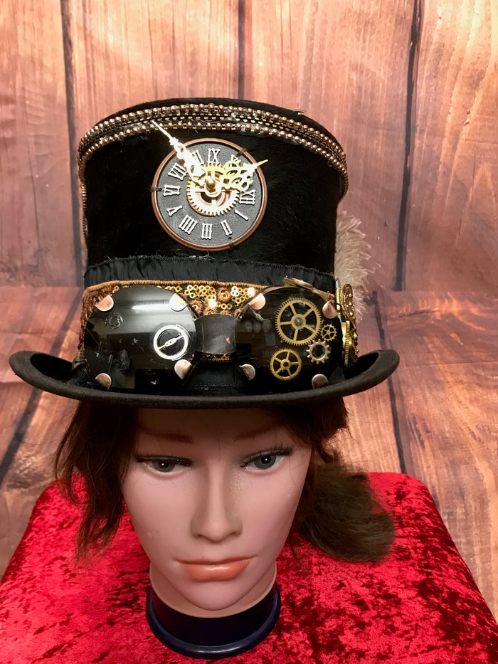 Antiker schwarzer Steampunk Zyliner Hut aus Maulwurfsfell Gr.56  hochwertig handgefertigt, Unikat