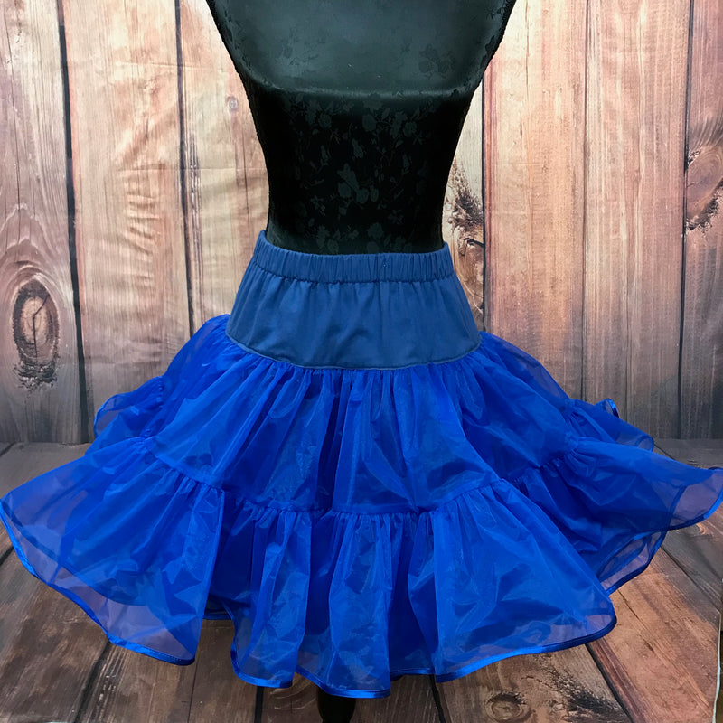 Kräftig blauer Petticoat in Größe L, 48 cm lang, zweilagiger Polyester-Tüll mit elastischem Bund, 50er-Jahre Rockabilly-Stil.