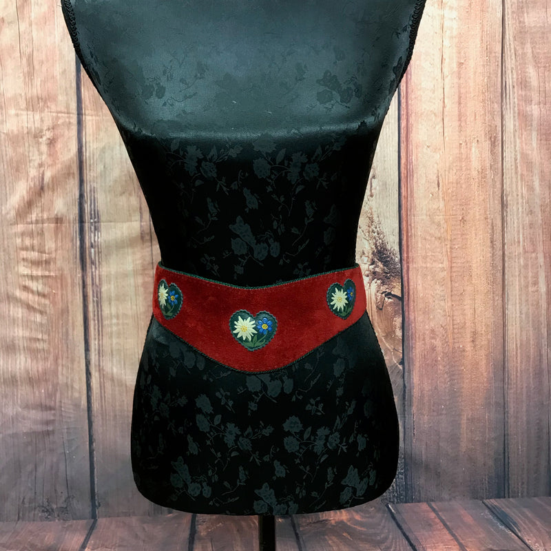 Damen-Trachtengürtel rot mit grünem Rand & Edelweiß-Applikation – Echtleder, 85–95 cm Taille
