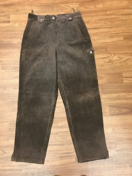 Braune Damen-Trachtenlederhose Größe 40 aus Schweins-Veloursleder von Landhaus – Vintage Zustand