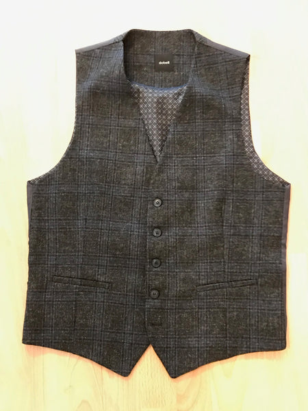 Herren-Weste Größe 46 von Dobell, kariert in Schwarz und Blau, 100 % Wolle, florales Innenfutter, verstellbar, klassisch geschnitten