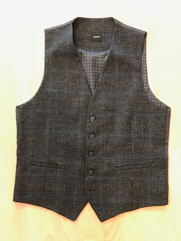 Herren-Weste Größe 46 von Dobell, kariert in Schwarz und Blau, 100 % Wolle, florales Innenfutter, verstellbar, klassisch geschnitten